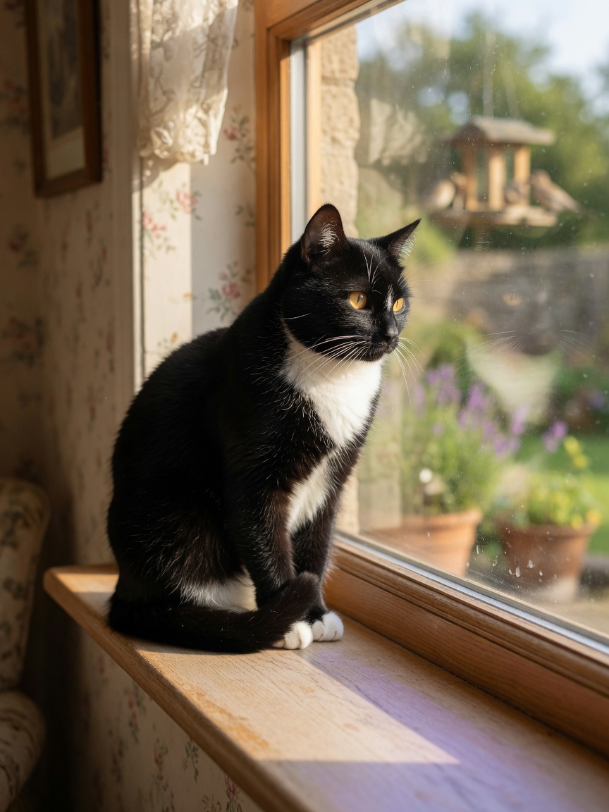Indoor cat watching birds through window, showing natural hunting instincts and need for environmental enrichment