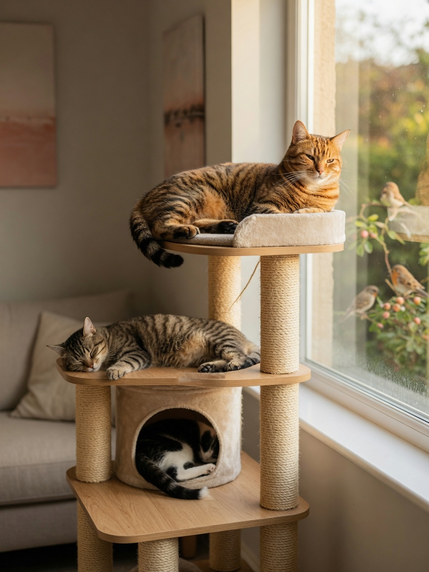 Multiple cats at different levels of a cat tree near a sunny window, demonstrating territorial hierarchy and vertical space preferences in a multi-cat household.