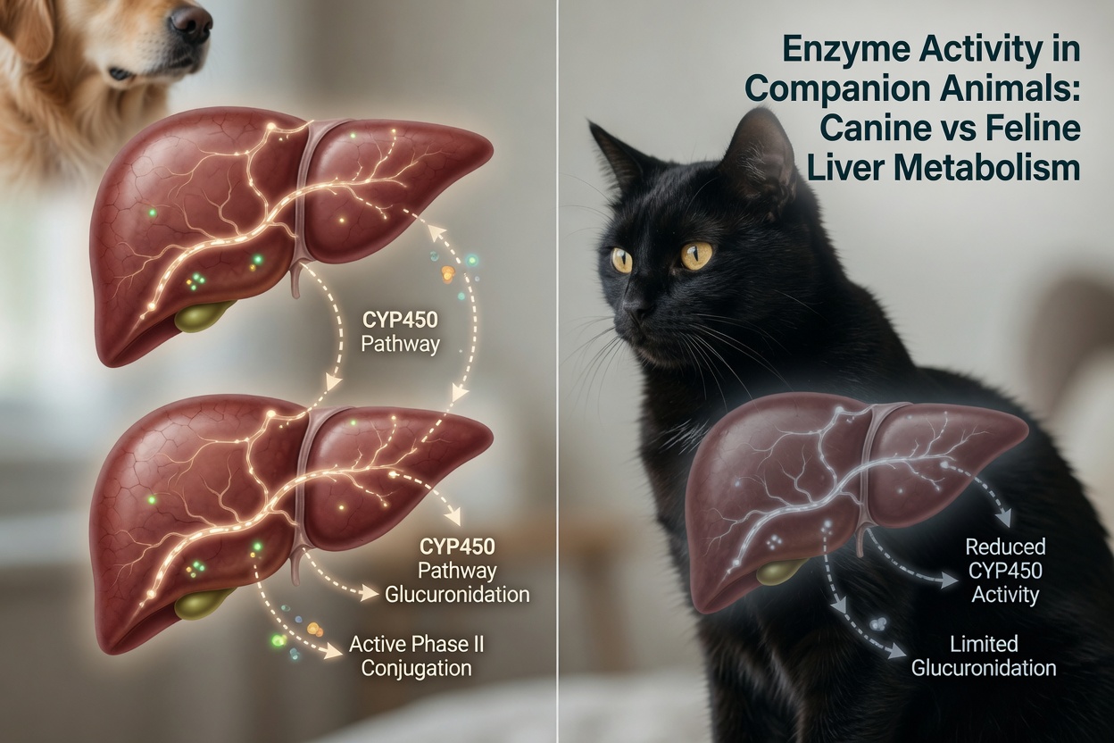 Conceptual comparison showing a cat's liver metabolic pathways versus a dog's, illustrating feline enzyme deficiency in glucuronosyltransferase activity