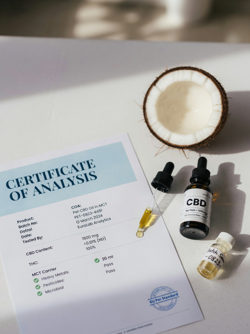 Indicatori di qualità per l'olio CBD per cani inclusa documentazione COA, bottiglia di prodotto e fonte di olio vettore