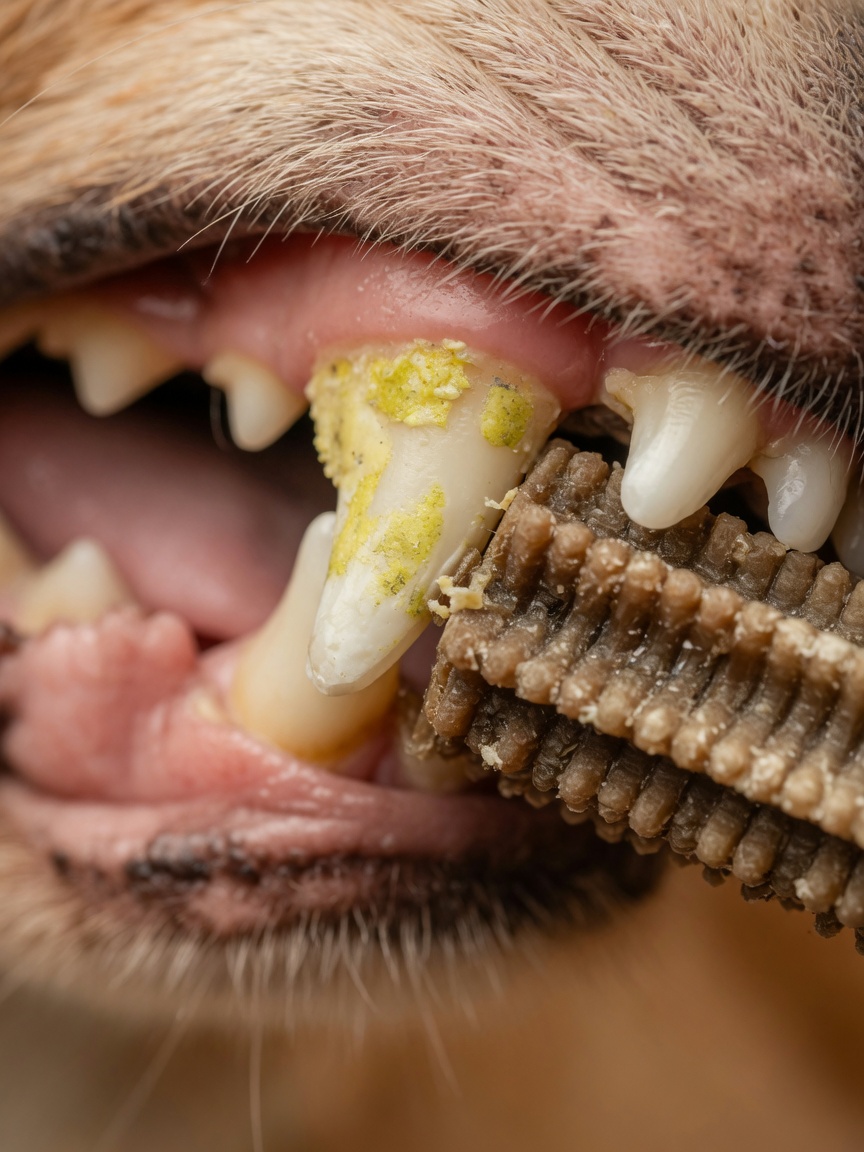 Primo piano macro di uno snack dentale che crea abrasione meccanica contro i molari posteriori del cane