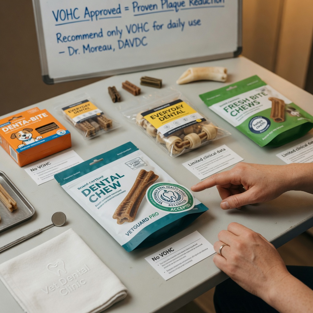 Dentista veterinario che esamina prodotti snack dentali approvati VOHC in una visualizzazione di confronto