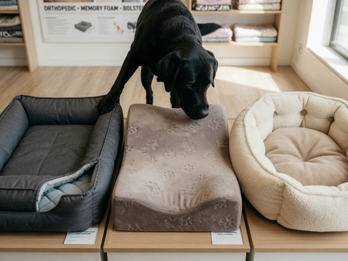Three types of dog beds with Labrador retriever examining the different surfaces and designs