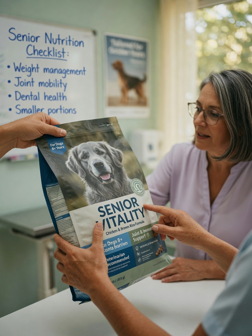 Veterinário a aconselhar o dono de um cão sobre a nutrição da ração sénior