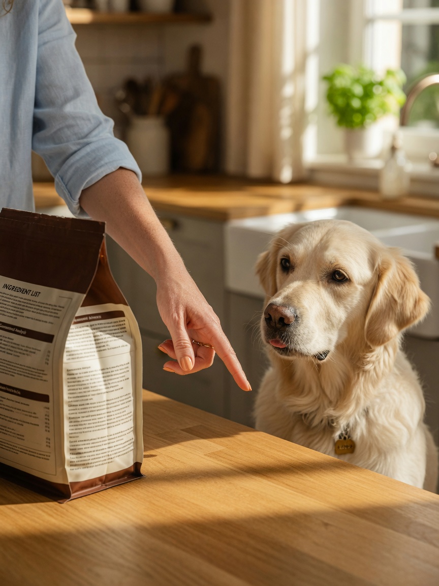Pet owner carefully reading dog food ingredient list on package with attentive golden retriever nearby on kitchen counter