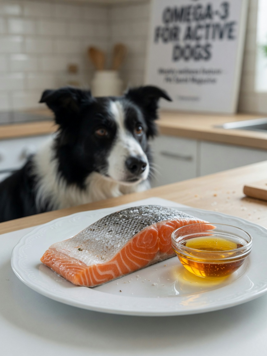 Fresh salmon fillet and fish oil in bowl on white plate, with border collie watching in softly lit kitchen background