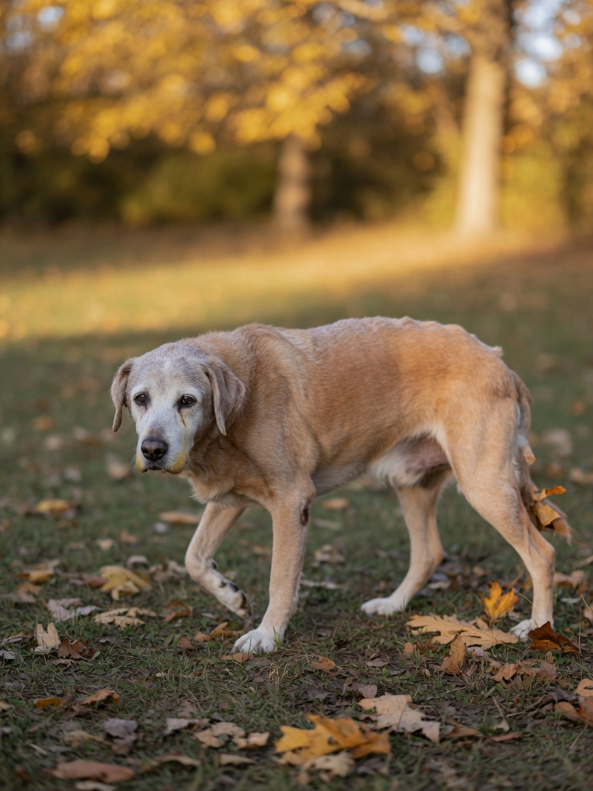 Elderly dog walking slowly through garden showing stiffness and reduced mobility in hind legs