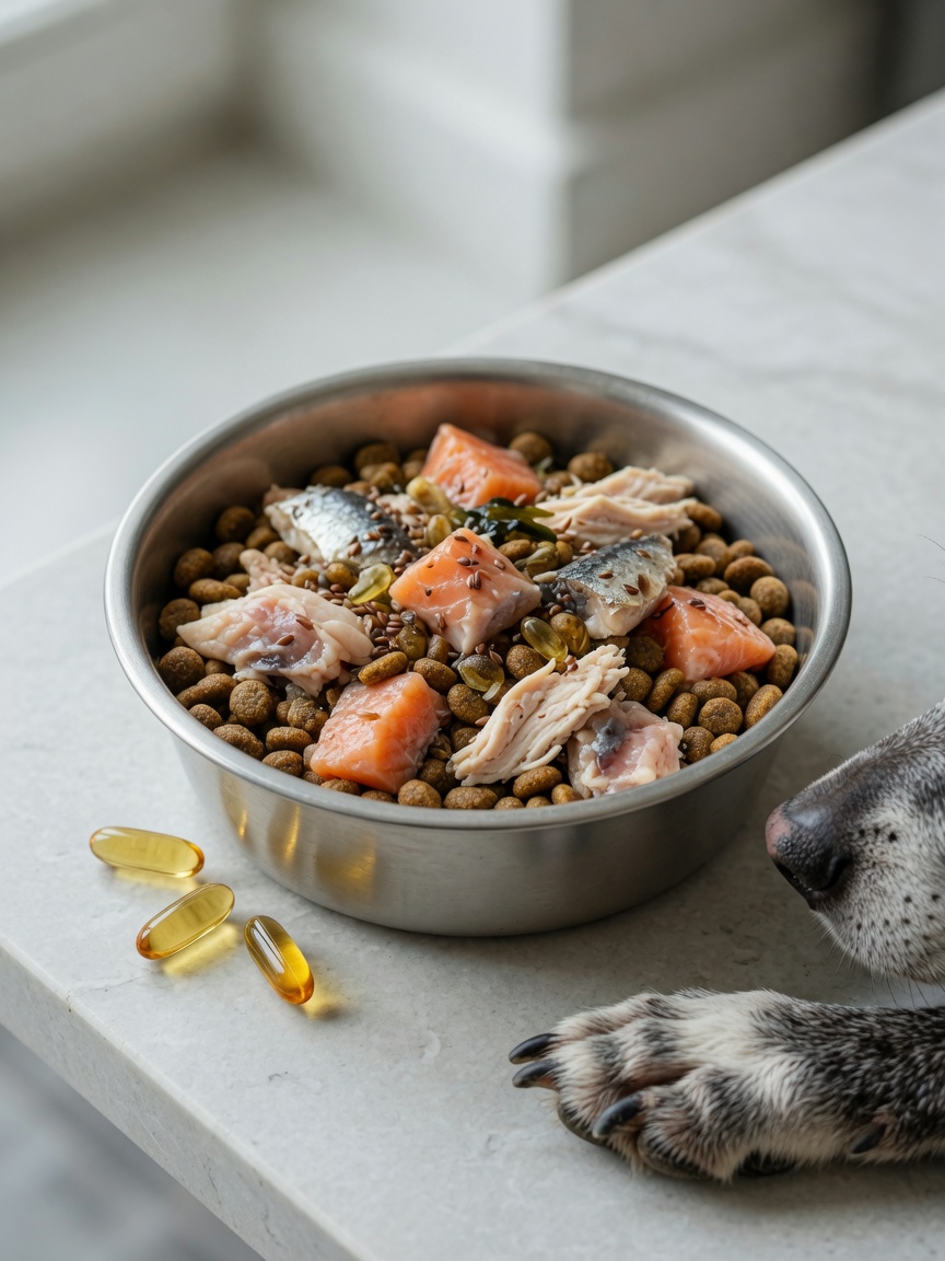 Senior dog food bowl with fish-based proteins and omega-3 rich ingredients for joint support