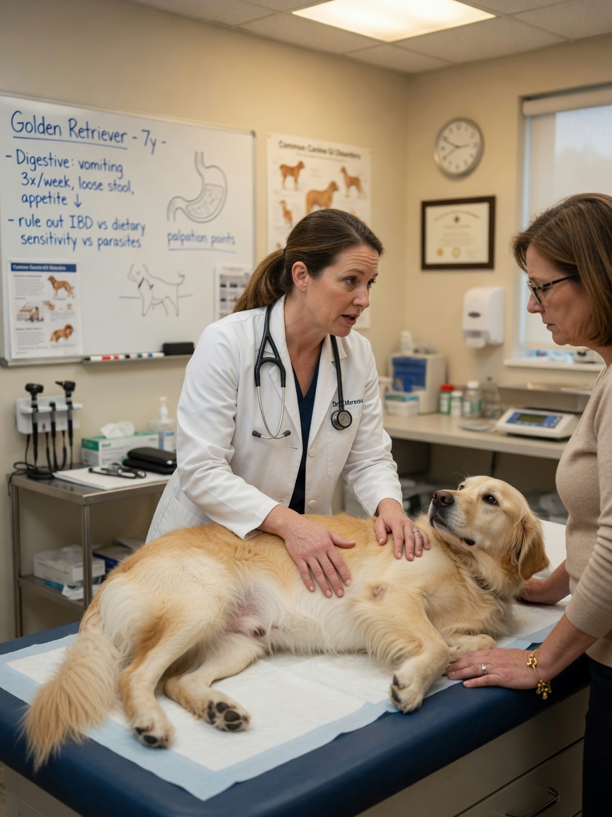 Veterinarian examining dog's abdomen with owner present during digestive health consultation