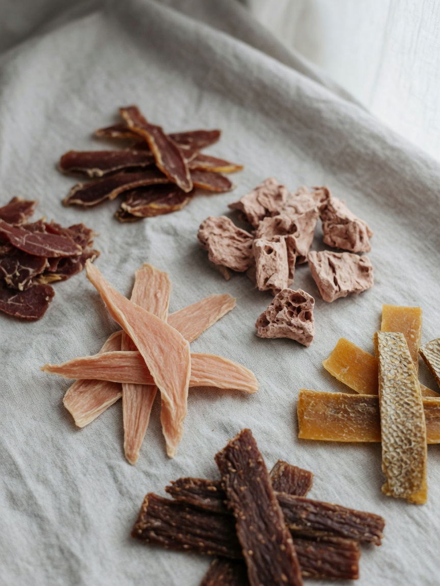 Flat lay of various single-ingredient dog treats including chicken strips, lamb lung puffs, duck fillet and fish skin chews