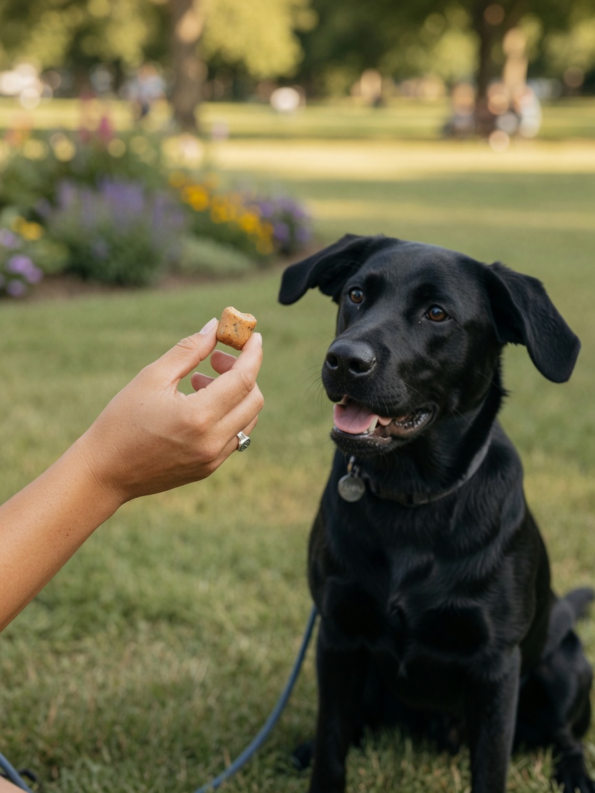 Dog trainer holding a small soft training treat in front of attentive Black Labrador during a training session