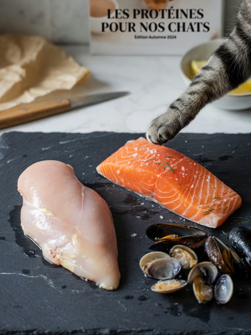 Rohe tierische Proteine einschließlich Huhn, Lachs und Schalentiere mit einer Katzenpfote, die sich ihnen nähert