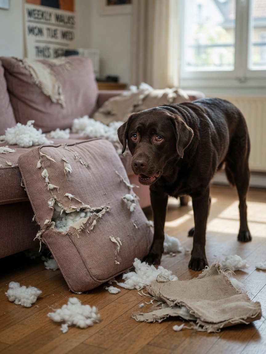 Labrador al cioccolato ansioso con cuscino del divano strappato, che raffigura la noia e il comportamento distruttivo