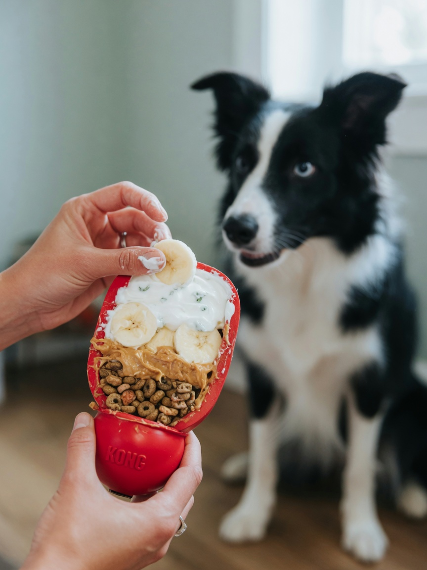 Giocattolo KONG Classic rosso riempito con burro di arachidi, crocchette e yogurt con Border Collie che guarda