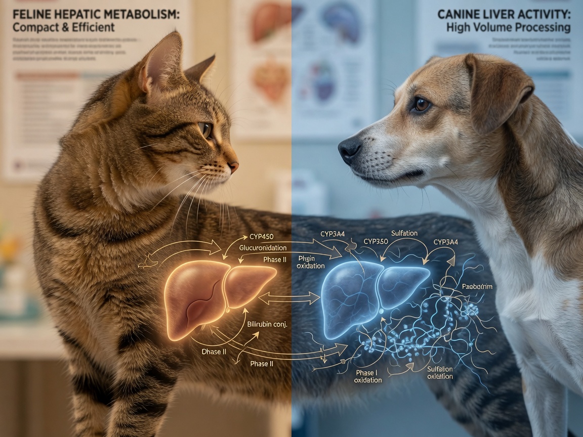 Comparação anatómica do fígado de gato e cão mostrando diferenças metabólicas no processamento de suplementos