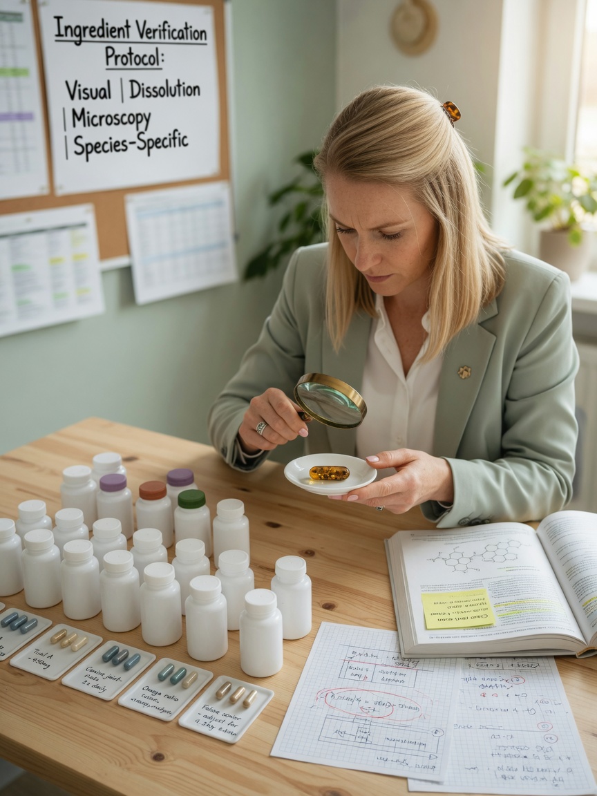 Nutritionist examining supplement formulations and ingredient dosages during rigorous product evaluation