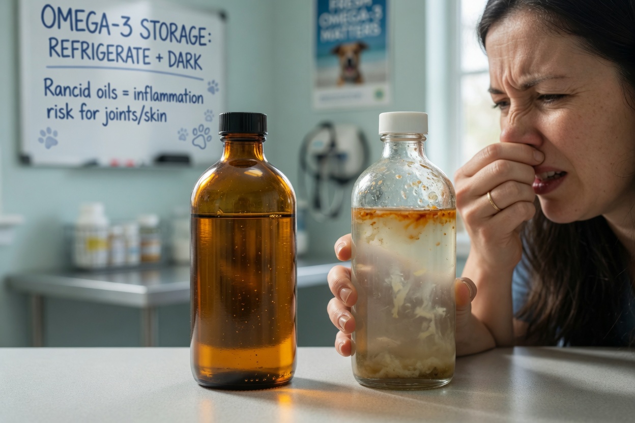Comparison of fresh versus rancid fish oil bottles with woman smelling oxidized supplement