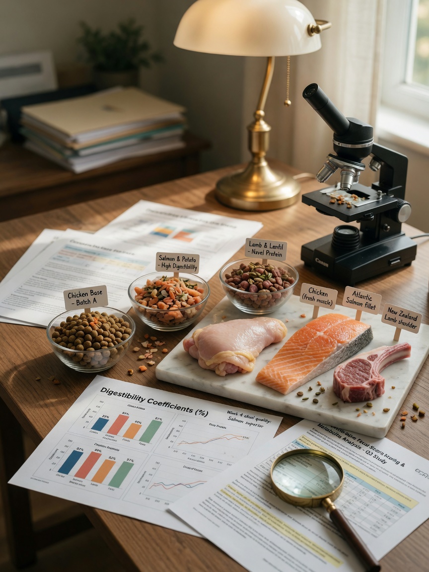 Veterinary nutritionist's workspace with pet food samples, fresh ingredients, and scientific assessment tools