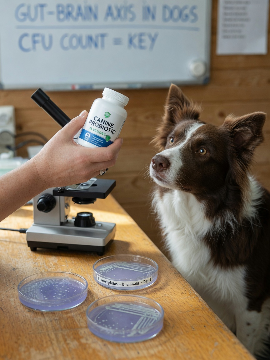 Probiotic supplement container with microscope and bacterial culture samples representing CFU count effectiveness