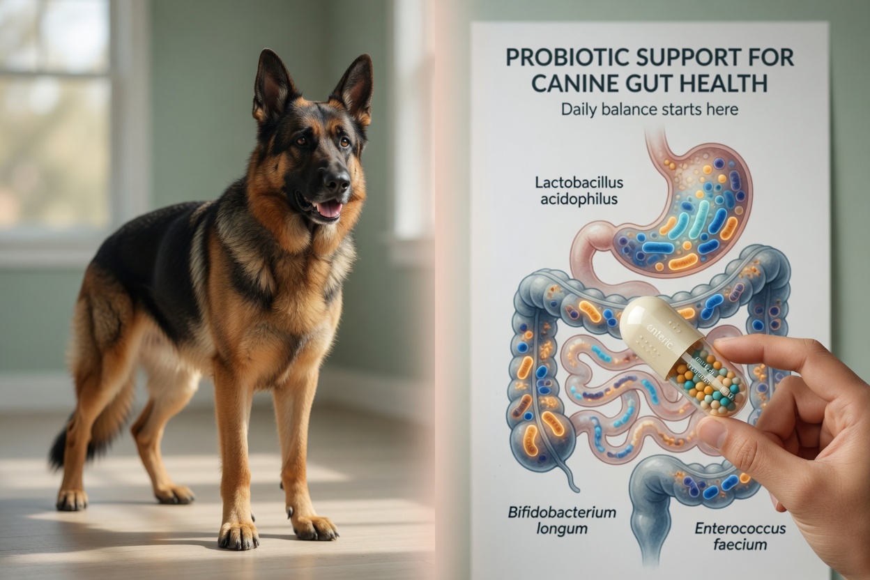 Illustration of dog digestive health with probiotic bacteria strains and enteric coating protection