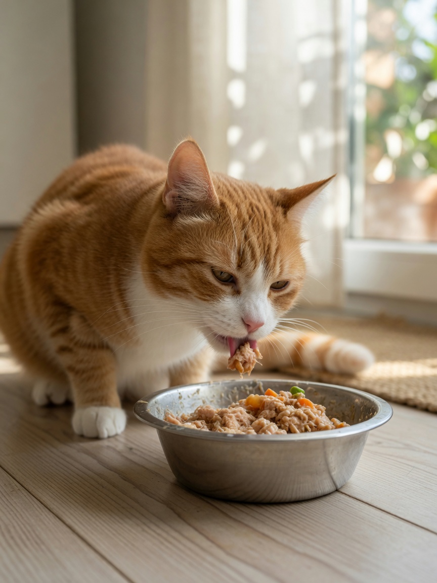 Ginger and white cat eating chicken-based food from a bowl in warm window light