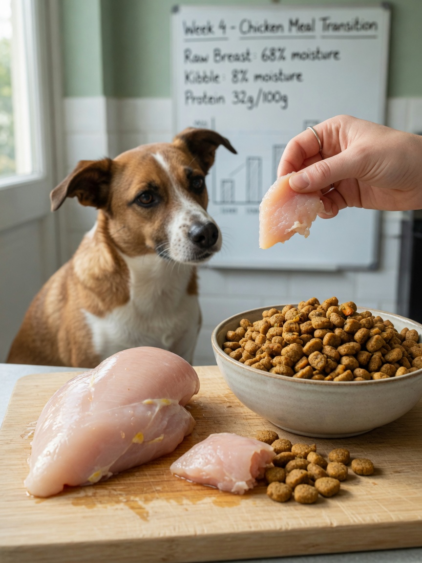 Peito de frango fresco e farinha de frango exibidos lado a lado com um cão observando atentamente