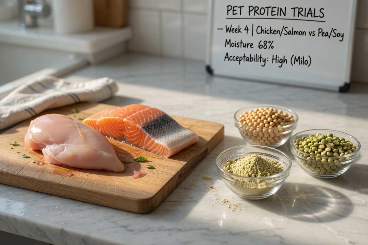 Comparison of animal protein sources (chicken, salmon) versus plant proteins (peas, soy) on kitchen counter