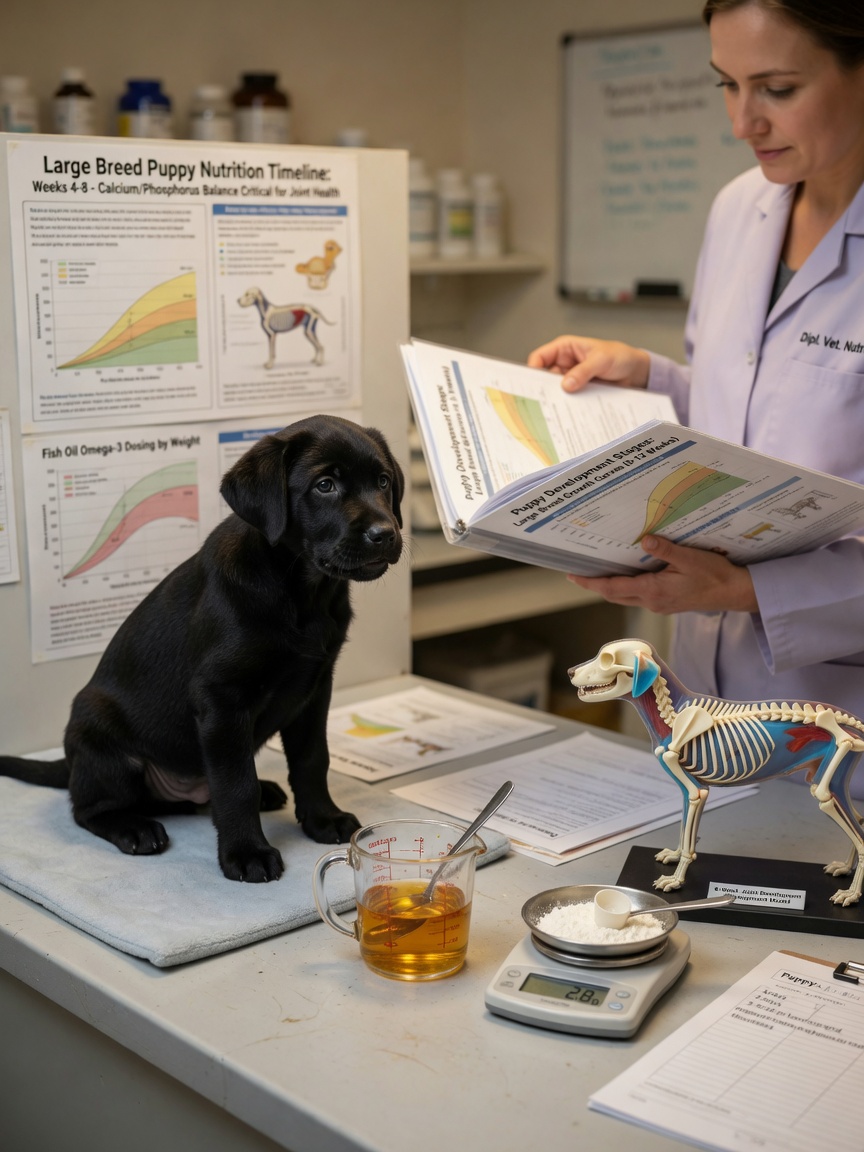 Veterinary nutritionist examining puppy dietary components with a young Labrador Retriever puppy observing