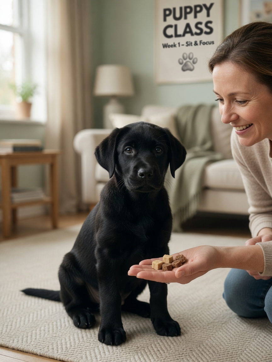 Un cucciolo di Labrador nero di 8 settimane intento e concentrato su un addestratore inginocchiato durante una sessione di addestramento precoce nel salotto di una casa