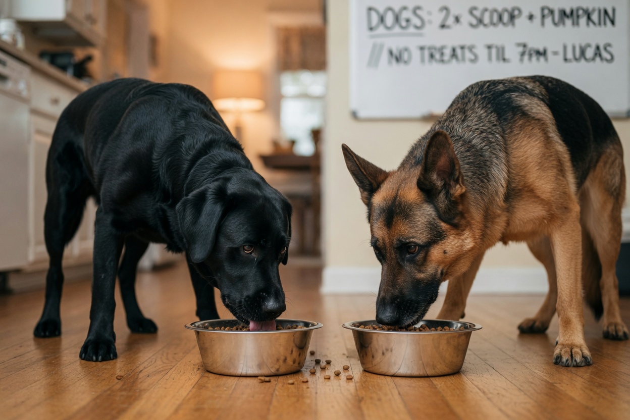 Two dogs eating competitively from separate bowls, showing the instinct to eat faster