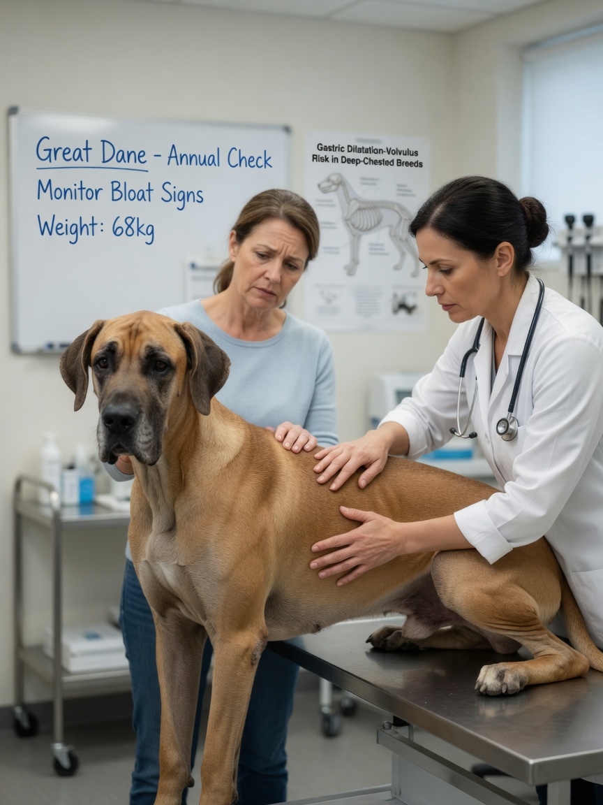Great Dane at veterinary examination with vet palpating abdomen, showing deep chest anatomy