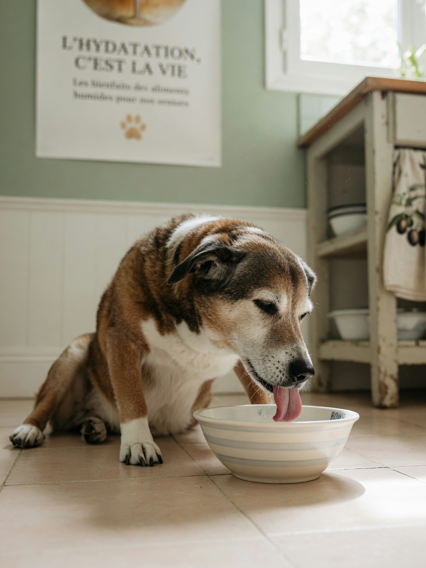 Senior dog drinking water from a bowl, emphasizing hydration and wellness