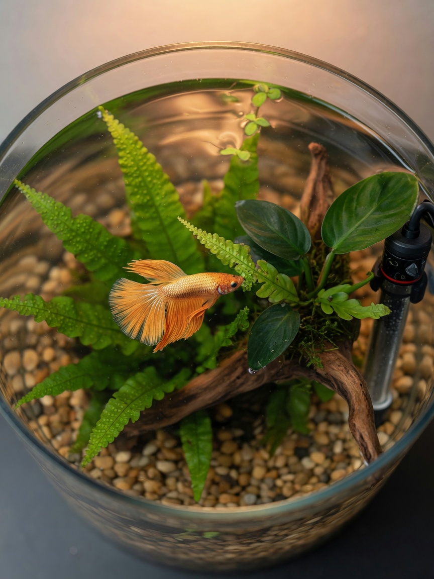 Overhead view of a 5-gallon betta tank with live plants, substrate, and a healthy betta fish exploring its territory