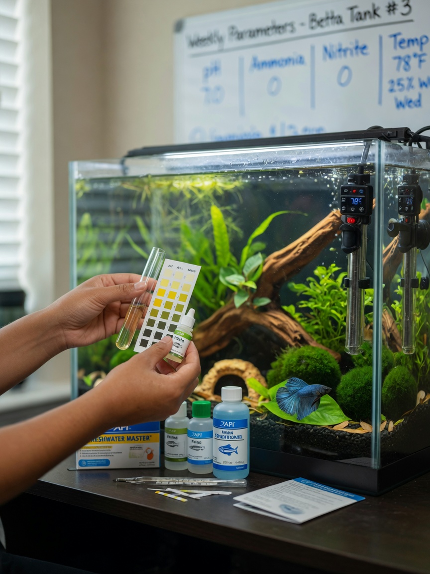 A betta keeper testing water parameters near a well-maintained tropical aquarium with live plants and proper heating equipment