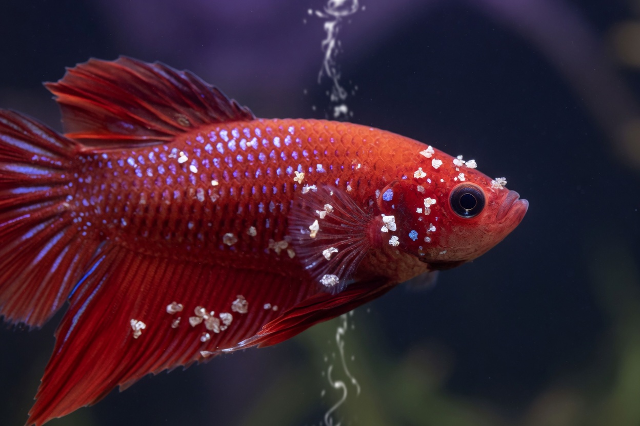 Close-up of red betta fish displaying white spot disease (ich) with numerous grain-sized white spots covering body and fins