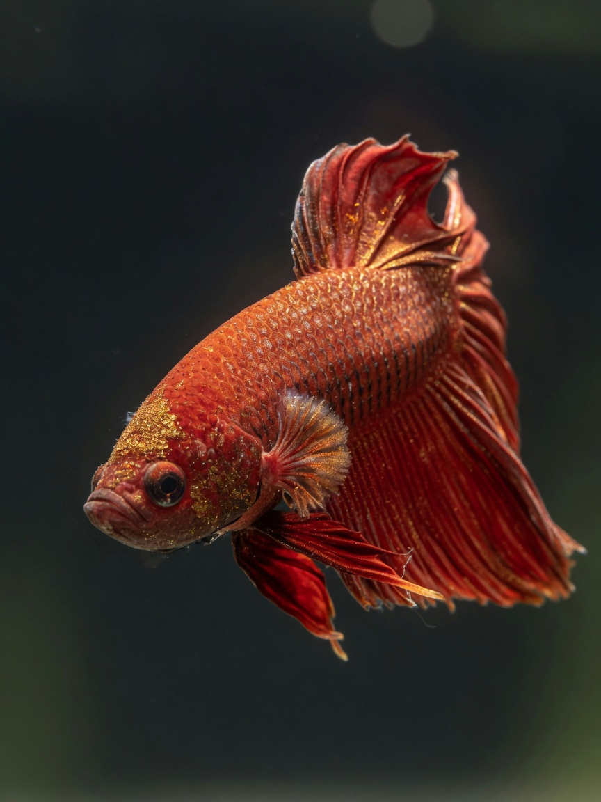 Red betta fish with velvet disease showing characteristic golden-rusty dust coating and metallic sheen across body and fins