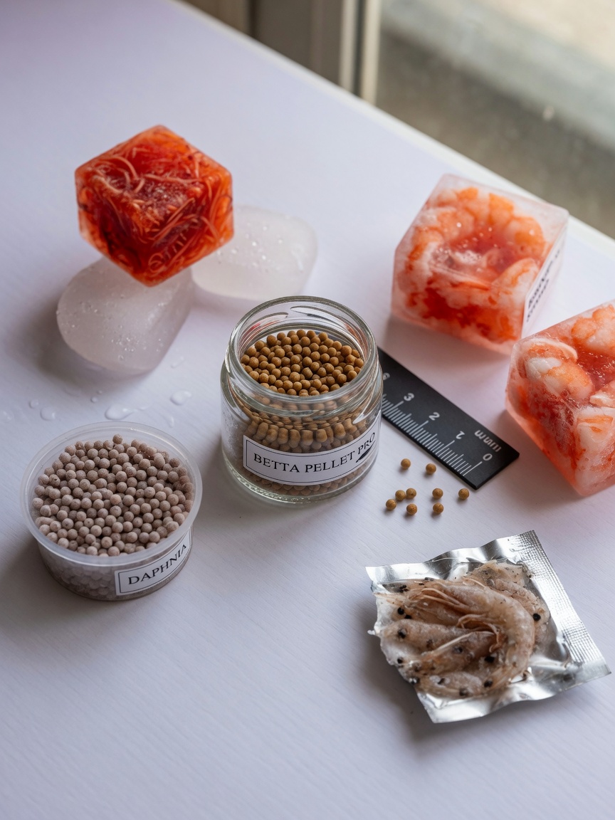 Flat-lay of premium betta fish foods including pellets, frozen bloodworms, daphnia, brine shrimp, and mysis shrimp arranged on a white surface