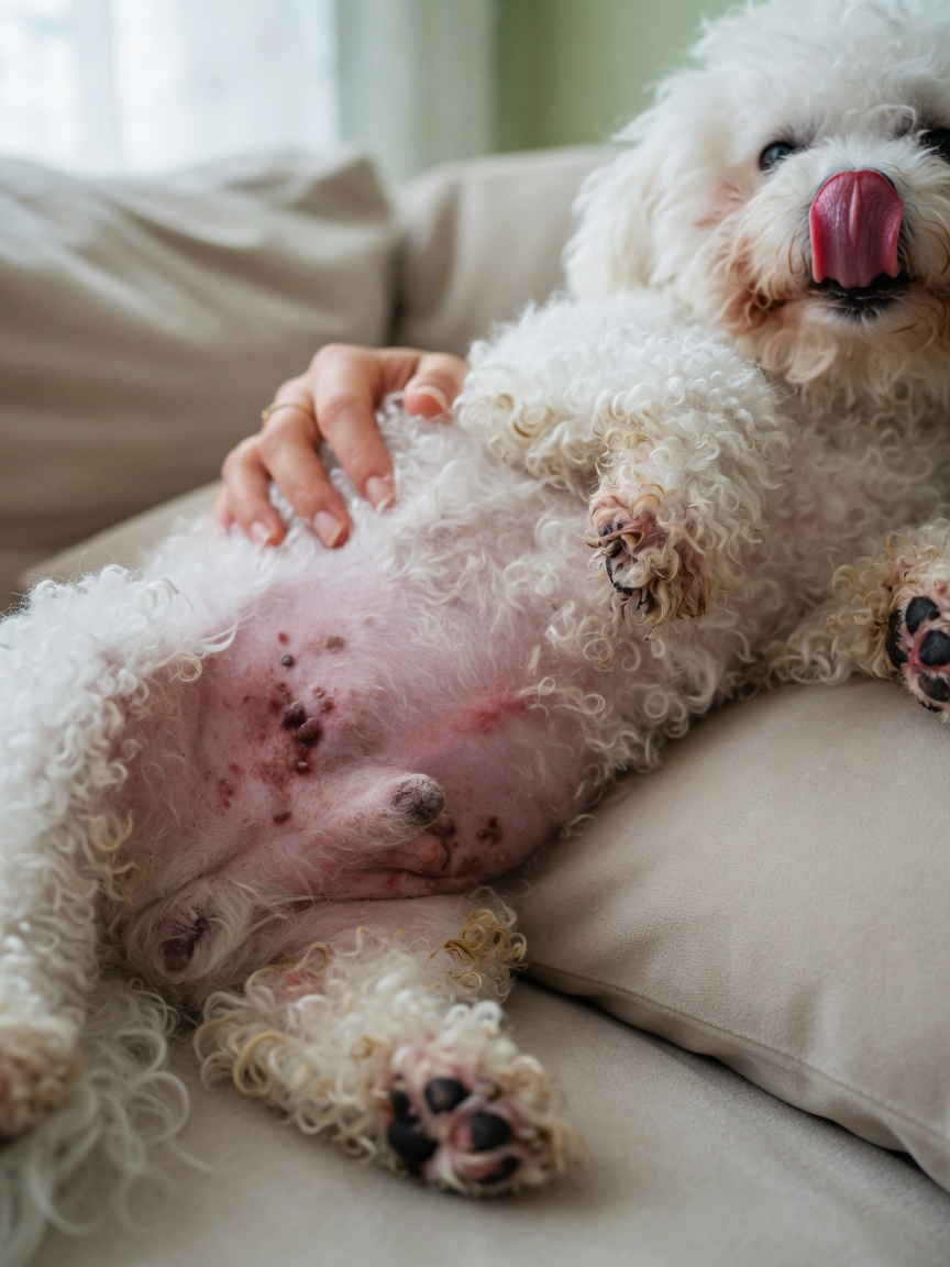 Bichon Frise showing inflamed, irritated skin from allergic dermatitis on paws and belly