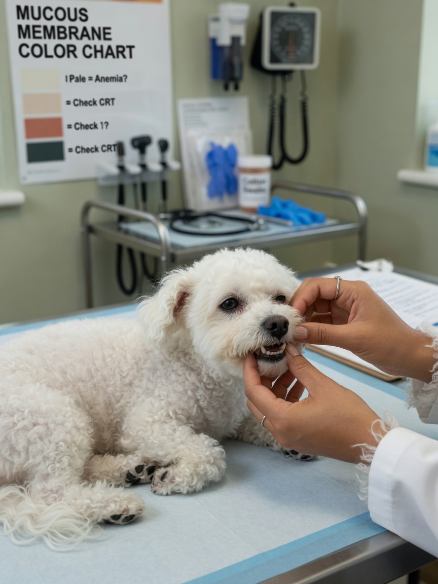 Veterinarian examining a lethargic white Bichon Frise for signs of immune-mediated haemolytic anaemia