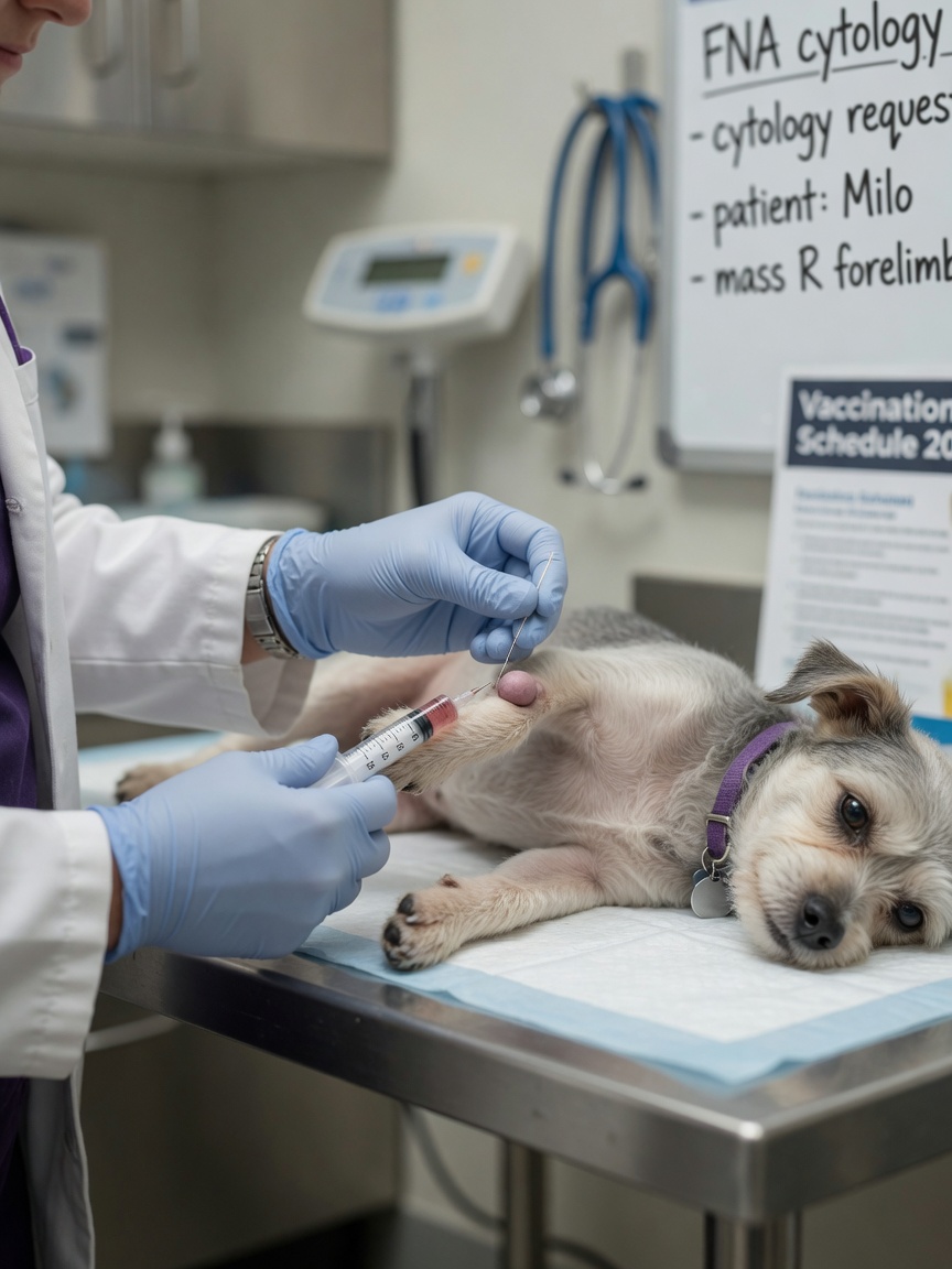 Veterinarian performing a fine needle aspirate procedure on a conscious dog's skin mass
