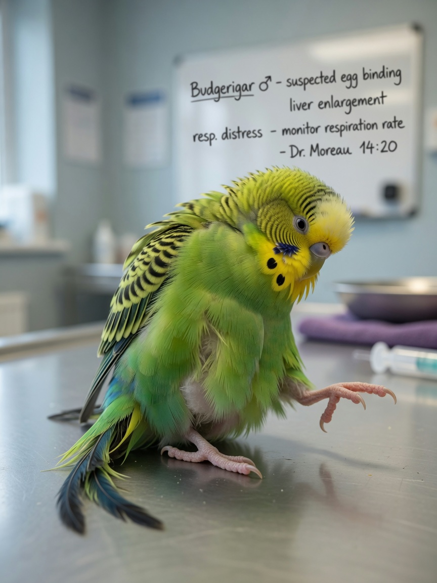 Budgerigar showing egg binding symptoms including abdominal distension, leg weakness, and fluffed feathers on examination table
