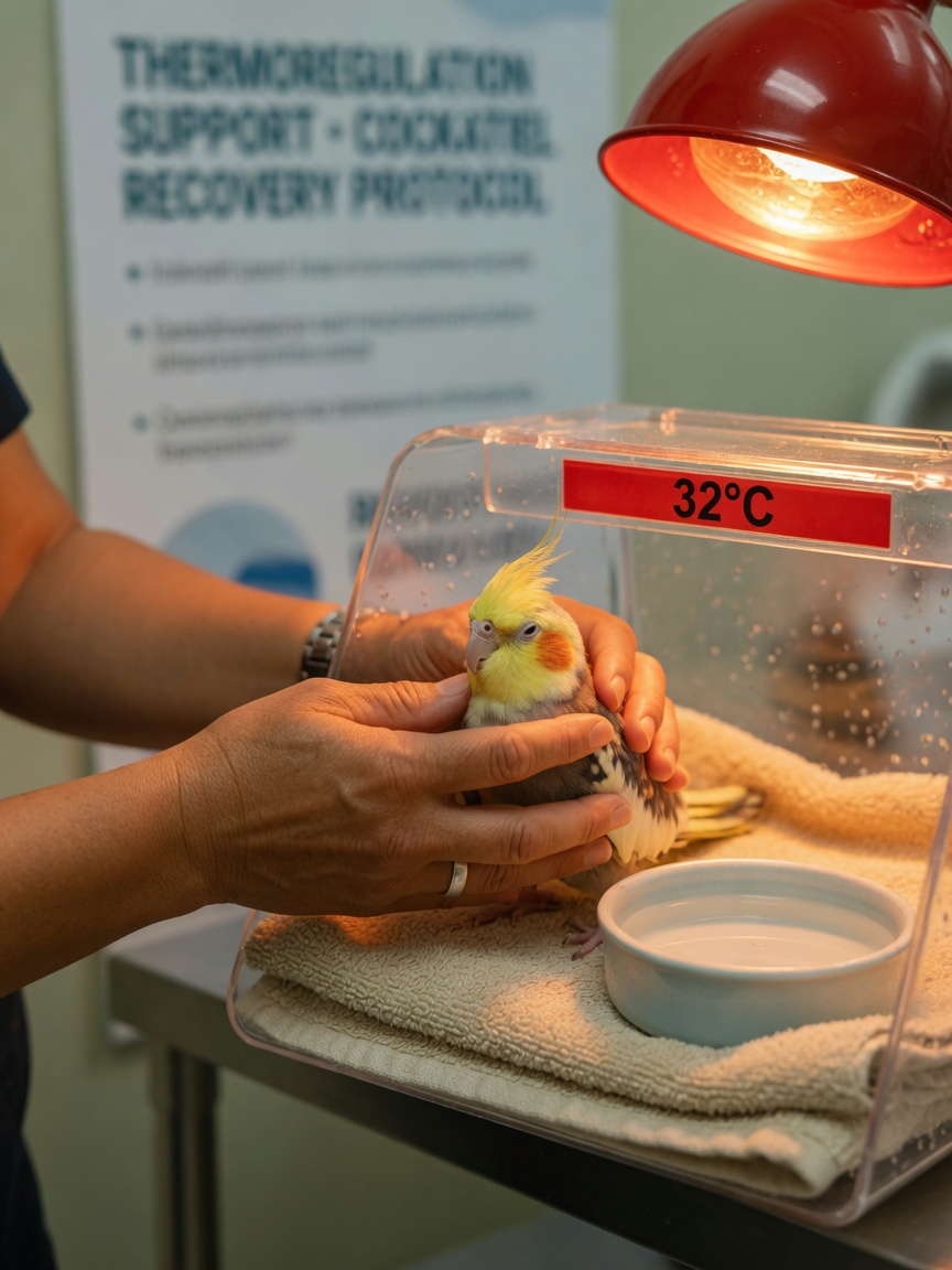 Veterinarian providing emergency care to egg-bound cockatiel in warm carrier with heat lamp and fresh water during immediate supportive treatment