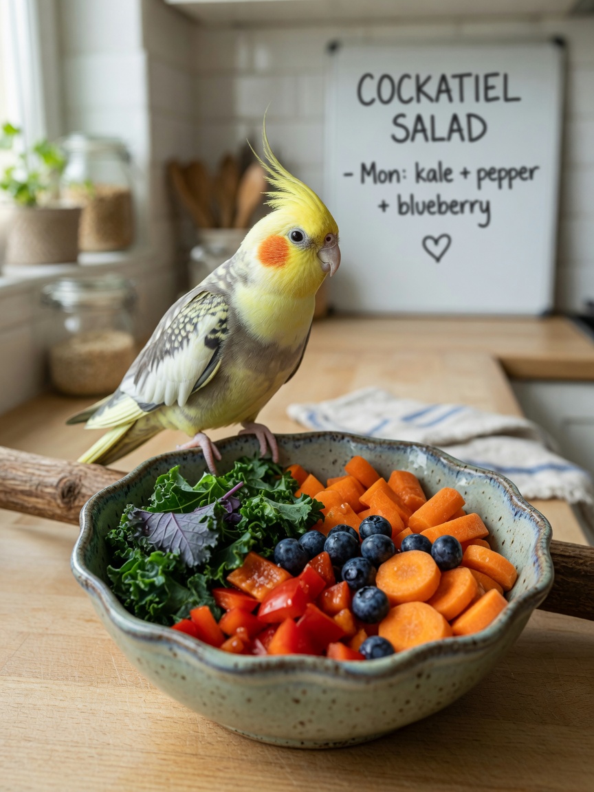 Cockatiel exploring a bowl of fresh vegetables including peppers, kale, carrots and blueberries, representing safe dietary options