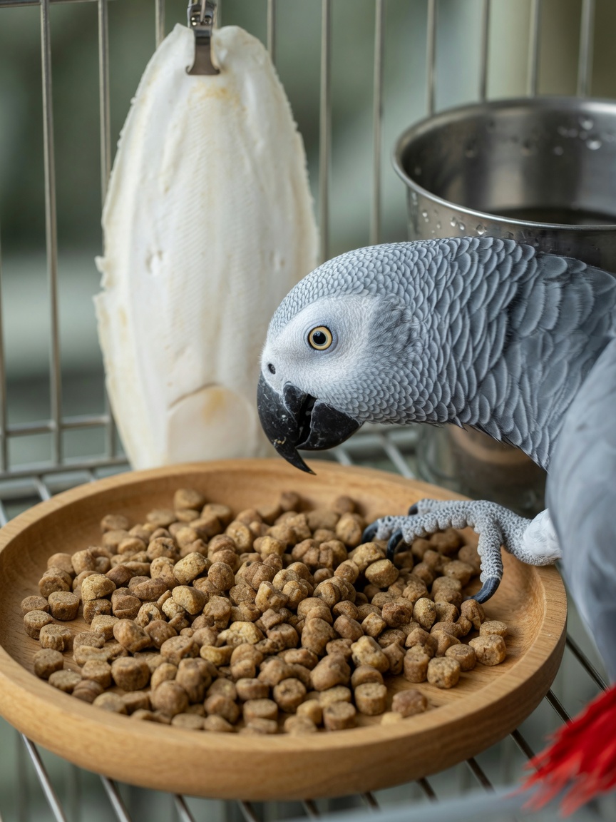 African grey parrot eating formulated pellets from a dish, with cuttlebone visible, showcasing complete nutrition foundation