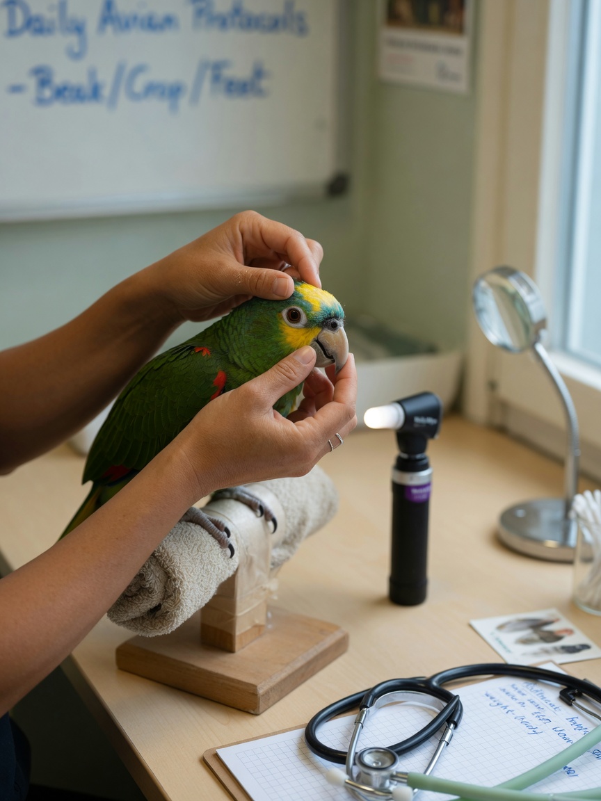 Close-up of a veterinarian's hands examining a parrot's beak and head during a physical examination