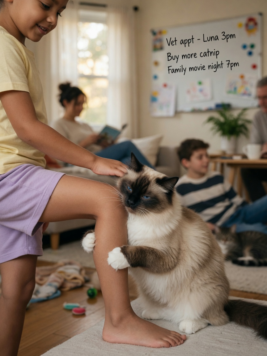 A gentle Birman cat with colorpoint markings affectionately interacting with a child in a warm family home