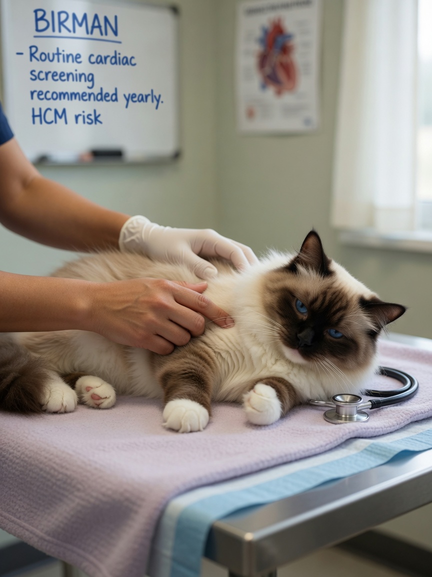 A Birman cat receiving a gentle veterinary examination with stethoscope during a health screening