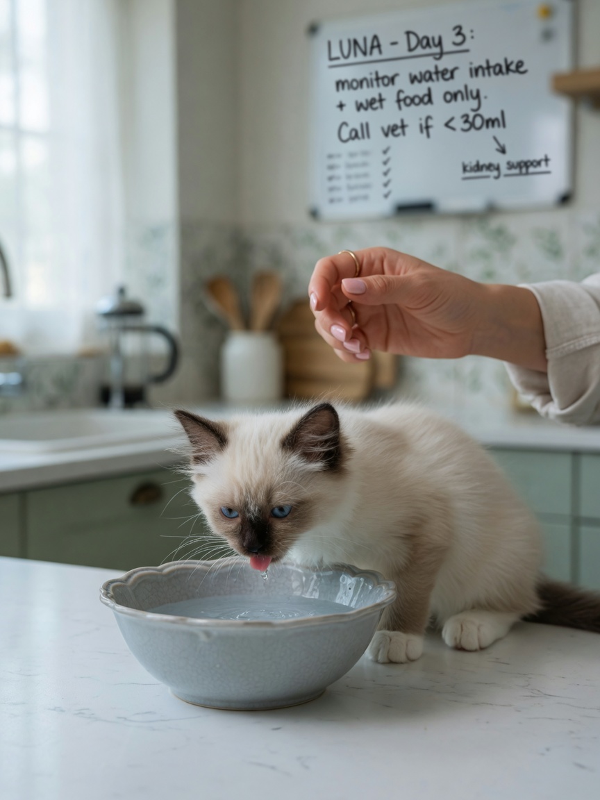 Young Birman kitten drinking water, illustrating hydration importance for kidney health monitoring