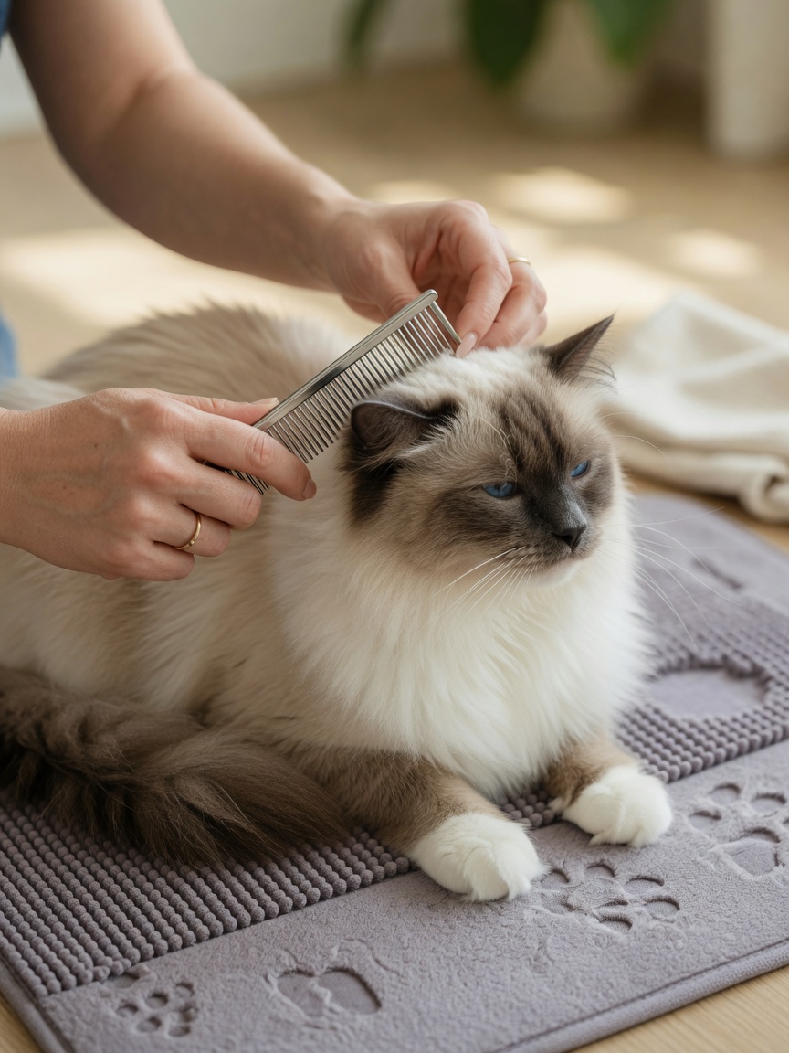 Birman cat being groomed with metal comb to prevent matting, focusing on ear and neck areas