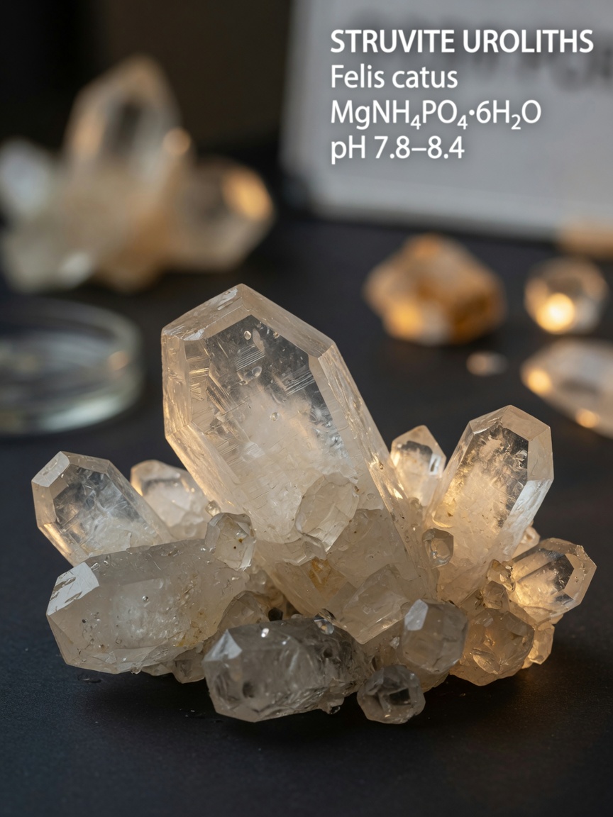 Magnified view of struvite mineral crystals showing geometric angular formations under laboratory lighting
